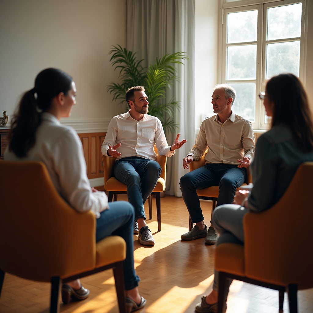 Grup mic de profesioniști discutând în timpul unui exercițiu de comunicare